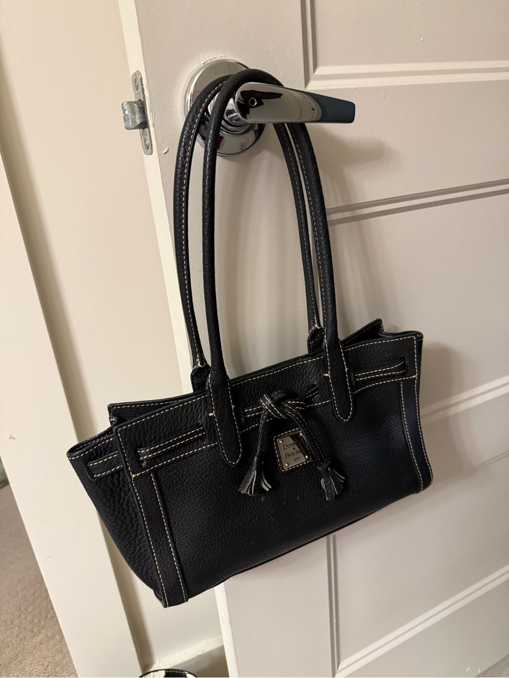 Dooney & Bourke Black Pebbled Leather Shoulder Tote with Tassel